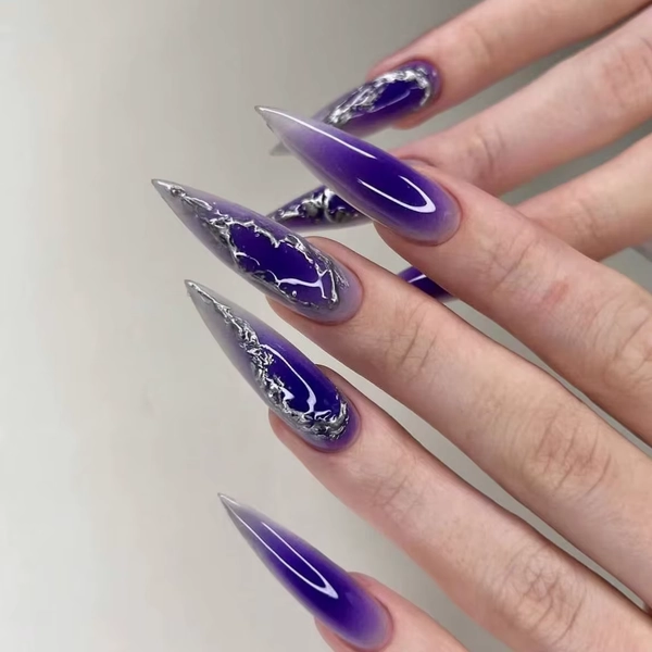 24pcs Gradient Purple Press on Nails Silver False Nails Y2k Long Stiletto Nail Art Sweet Cool Dark Glue on Nail Spicy Girl Nail - AliExpress 