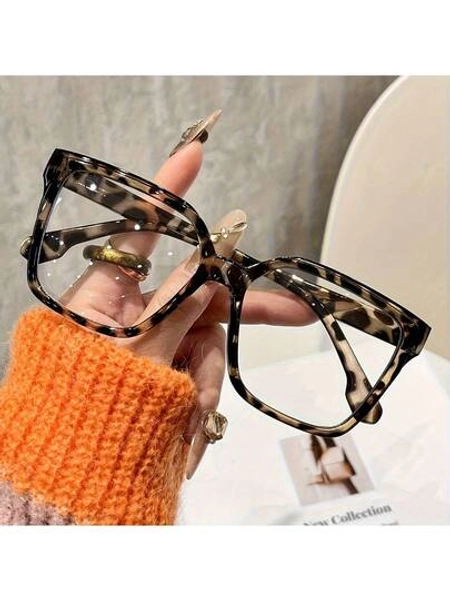 1 Pair Of Bohemian Style Large Square Transparent Glasses, Suitable For Women, Fashion Leopard Print And Solid Color, PC Polyester Material, Full Frame Design