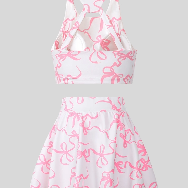 [2pcs Tennis Outfit] Girls' 2pcs Tennis Outfit, Bow Print Sports Bra + Skort Set, Sleeveless Crop Top with V-Neck Cross-Back Skirt, Kids' Sportswear Set, Suitable for Tennis, Golf, and Daily Wear, Perfect for Outdoor