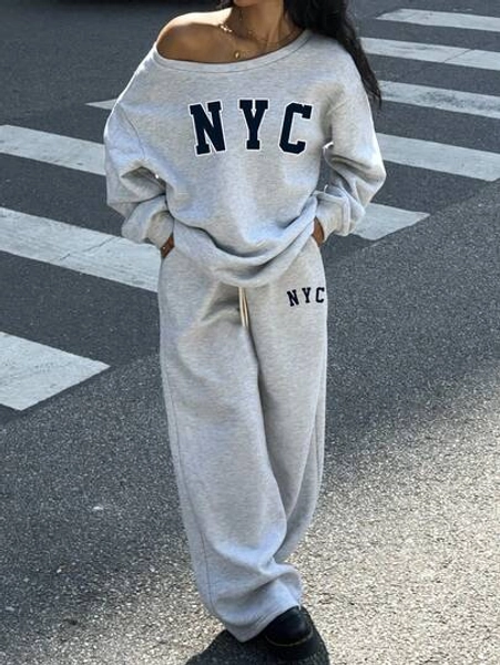 SHEIN 2pcs Tween Girls Casual Everyday Versatile Fashion Streetwear Letter Print Loose Knit Off Shoulder Thermal Lined Sweatshirt Set, Y2K Style Fall Winter,Suitable For Winter, Casual, Preppy, Cute & Casual & Vintage, Great For Autumn/Winter Casual, Daily Wear, School
