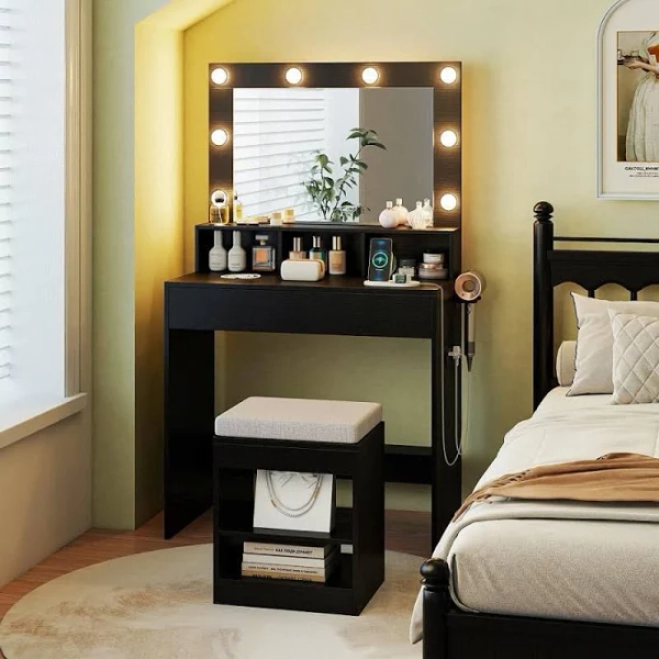 Gymax 31.5 in. Black Vanity Desk Set with Mirror and Lights
