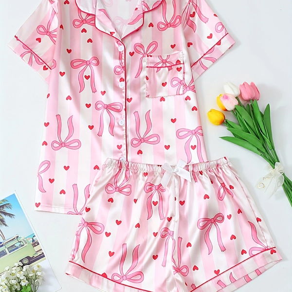 [Teen Pajama Set] Striped Bow Print Teen Short Sleeve Shorts Pajama Set, For Teenager, For Teenager