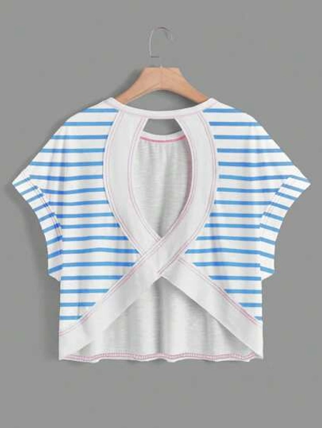 SHEIN Essnce Women's Casual Round Neck Backless Asymmetrical Hem Loose Sleeveless T-Shirt, Suitable For Summer, Striped Print