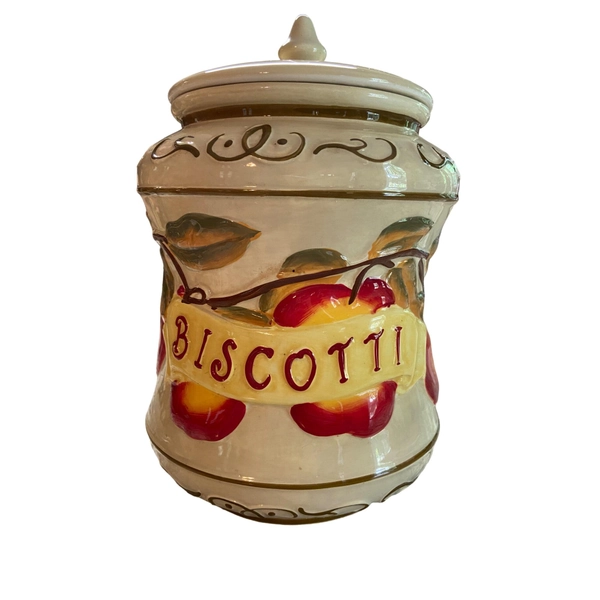 Vintage Nonni Hand Painted Biscotti Jar Apple Design Kitchen Cottagecore 10 In
