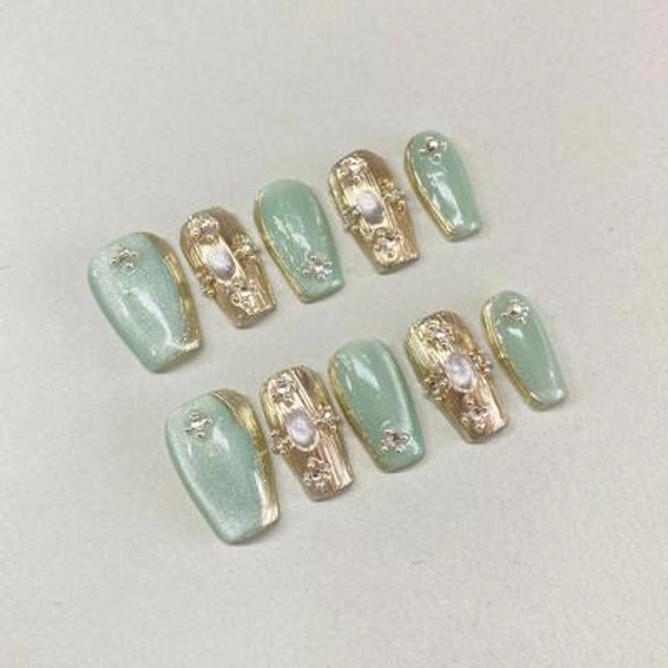 Luxury Green Gold Color Gel Nails |100% Handmade Nails | Hand painted nails | Press On Nails | Nail Art | Short Medium Coffin Nails