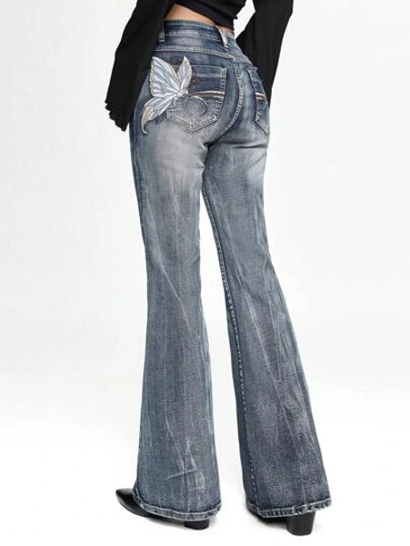 ROMWE Fairycore Y2K Style Skinny Fit Butterfly Embroidery Sexy Distressed Flared Hem Women Super Low Waist Jeans