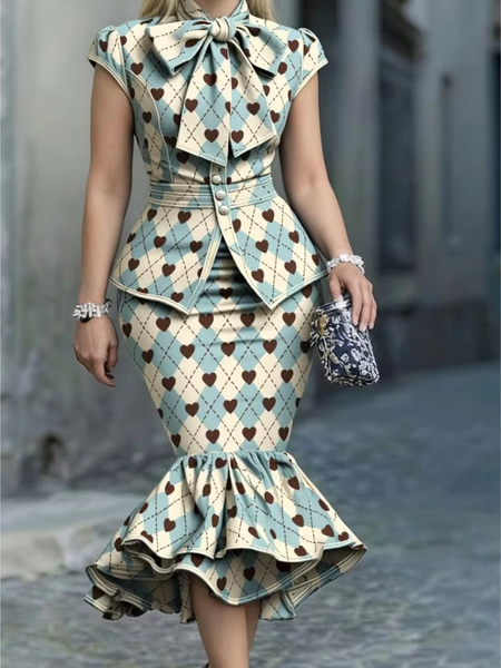 light blue argyle brown heart bow neck waist short sleeve - Temu