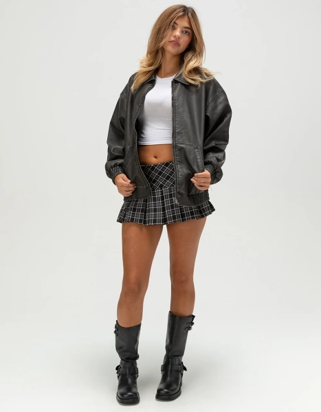 RSQ Womens Oversized Faux Leather Bomber Jacket - BLACK - S