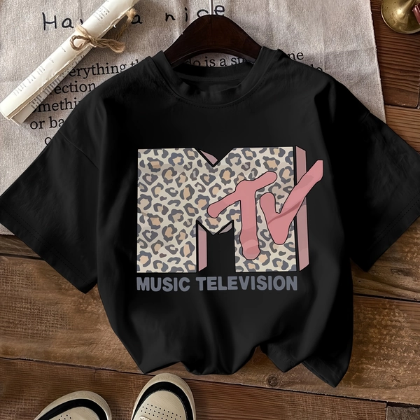1pc Women'S Plus Size Casual T-Shirt with MTV Music Television Leopard Print, Polyester Knit Fabric, Crew Neck, Slight Stretch, All-Season Top