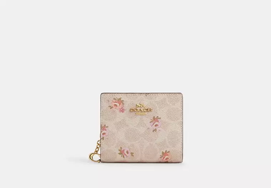 Gold/Sand Multi Snap Wallet In Signature Canvas With Floral Print
