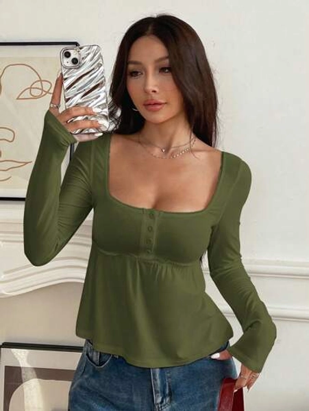 SHEIN EZwear Women Amilitary Green Front Button Long Sleeve Casual Shirt,Fall,Winter
