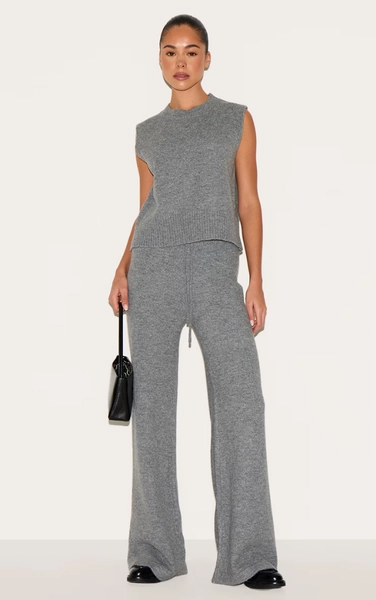 PrettyLittleThing Charcoal Marl Soft Knit Wide Leg Pants