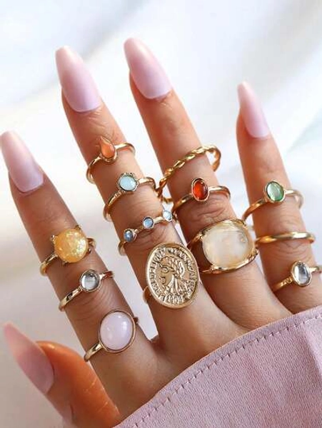 13pcs/Set Vintage Baroque Metal Portrait Jelly Color Rings Assorted (Random 2 Colors), Daily Accessory & Holiday Gift For Women