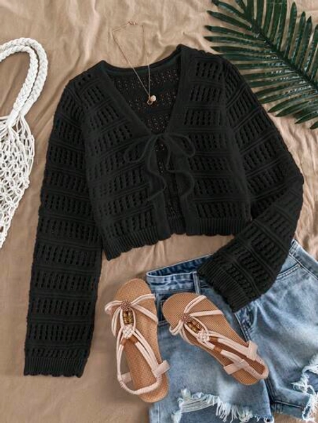 Travachic Vacation Women Solid Color Long Sleeve Tie Front Cardigan, Autumn,Long Sleeve Tops,Tops For School