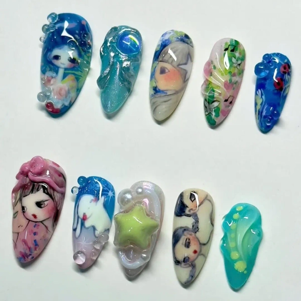 Handcrafted Baby Angels Press on Nails, Medium Almond Nail Set, Cartoon Nail, Colorful Nails, Cute Nail, Artistic Nails, Fantasy Nails, Gift - Etsy