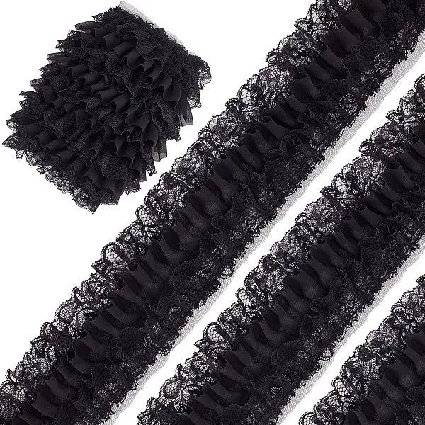 GORGECRAFT Black 3-Layer Pleated Chiffon Lace Trim 4 Inch Width Ruffled Satin Organza Lace Fabric Frills Wide Mesh Tulle Woven Ruffle Fringe