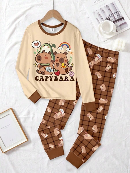 2pcs Girls Cute Casual Everyday Brown Capybara Cartoon Pattern Crew Neck Knit Pullover Sweatshirt And Leggings Soft Stretchy Homewear Set Snug Fit