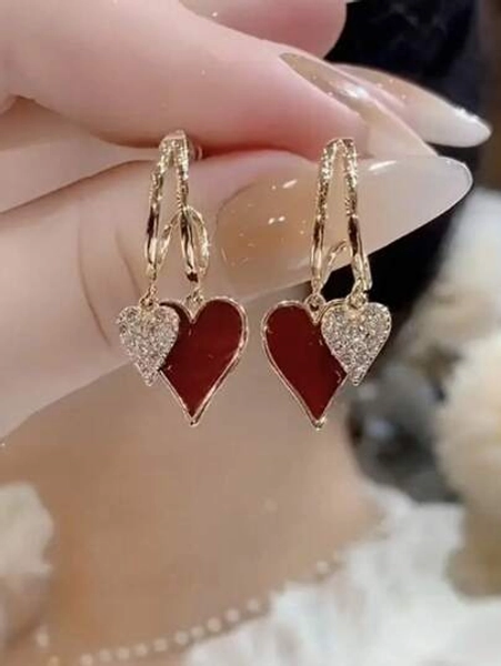 Elegant Red Heart Pendant Earrings - Unique Minimalist Design For Women, Suitable As Valentine's Day Gift