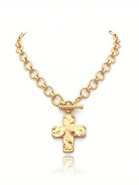 Hammered Bold Cross Necklace Thick Chain Set For Women Men Chunky Golden Silvery Statement Pendant Necklace Vintage Chain Pendant Jewelry