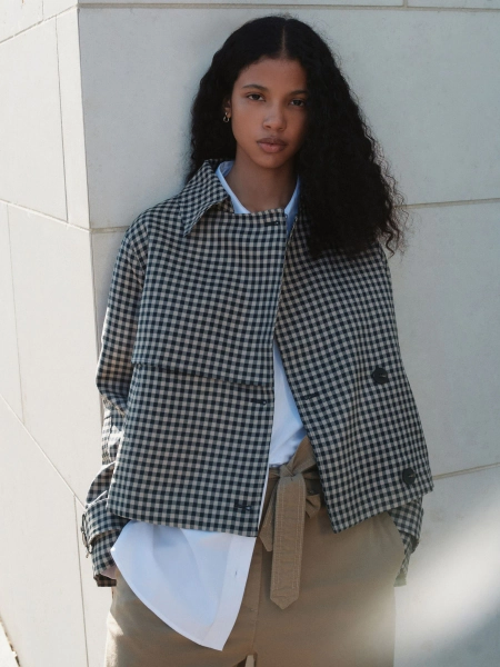 Navy Blue Check Cropped Trench Coat