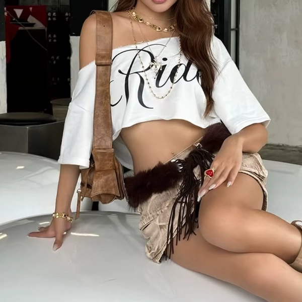 Puloru Off One Shoulder Crop Tops Women's Letter Print Short Sleeve Loose Fit T-Shirts Streetwear Grunge Clothes Casual Tees - AliExpress 200000345