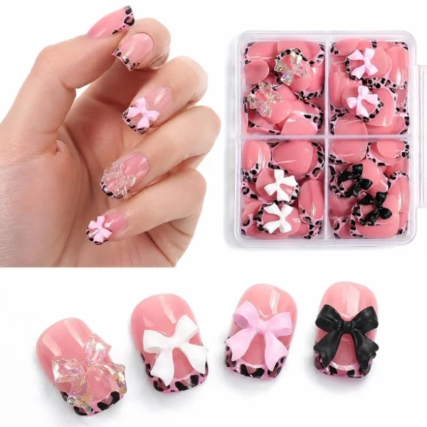 96Pcs Kids Stick On Nails Pink Leopard French Bow Short Square Fake Nails