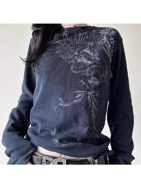 Y2k Graphic Tees For Women Teen Girls Fairy Grunge Long Sleeve Shirts Tops Aesthetic Vintage 2000s Gothic Clothes Graphic Printed Gothic Tee Tops Slim Fit Aesthetic E Girl T Shirts Blouse