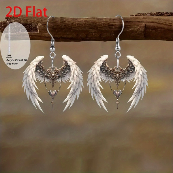 2D Flat Acrylic Angel Wings and Cross Earrings | Boho Cute Style, Suitable for Daily Wear and Festive Occasions, Ideal Gift for Family and Friends