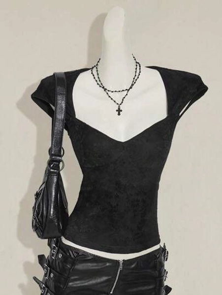 SHEIN ICON Women Lace Splice Sexy Backless T-Shirt, Basic Casual Black Tee Goth Top Goth Women Clothes Gothic Summer Clothes Black Top Black Concert Top