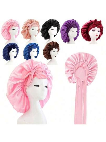 Silky Satin Sleep Bonnet For Women With Adjustable Bow Ties - Luxurious Hair Protection Cap For Curly/Natural Hair, Multi-Color Options, Soft Nighttime Hair Care Essential,Bonnet,Shower Cap,Hair Products And Accessories For Barber Salon Beauty Travel Essentials,Back To School,Travel Holiday Essentials,Hair Accessories For Women