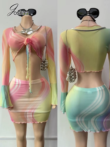 Joskaa Women's Beach Bright Print Two Piece Set Spring Summer Flare Long Sleeve Crop Top Mini Double Layer Tulle Skirt 2 Pcs Set - AliExpress 200000345