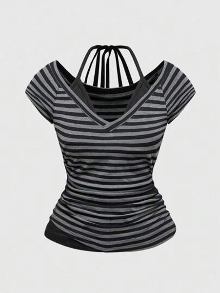 ROMWE Grunge Punk Women Sexy Y2K 2 In 1 V-Neck Striped Contrast Color Halter Tie Bow T-Shirt, Summer - Size XL