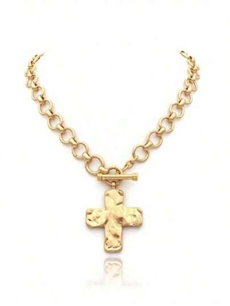 Hammered Bold Cross Necklace Thick Chain Set For Women Men Chunky Golden Silvery Statement Pendant Necklace Vintage Chain Pendant Jewelry