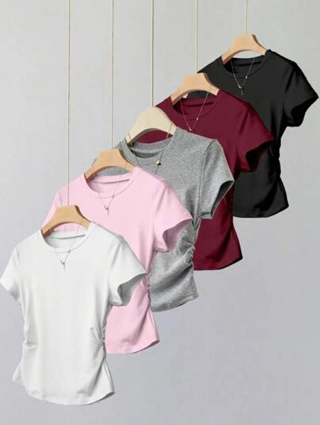 SHEIN Explorewe 5pcs/Set Tween Girls Solid Color Cinched Waist Short Sleeve T-Shirt, Casual & Versatile