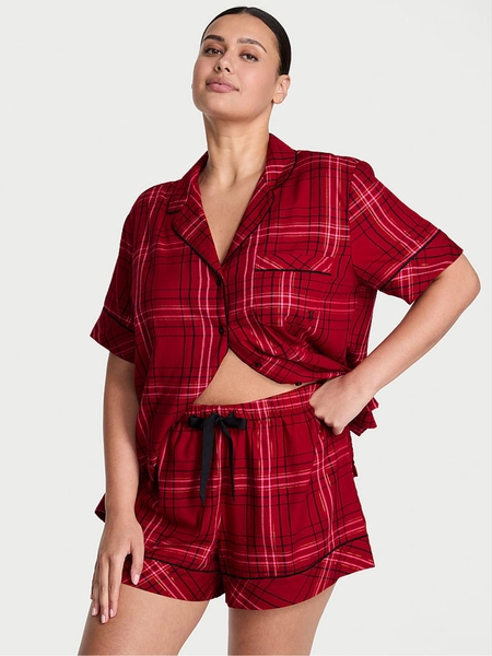 Red Lacquer Christmas Tartan Flannel Short Pyjamas Set