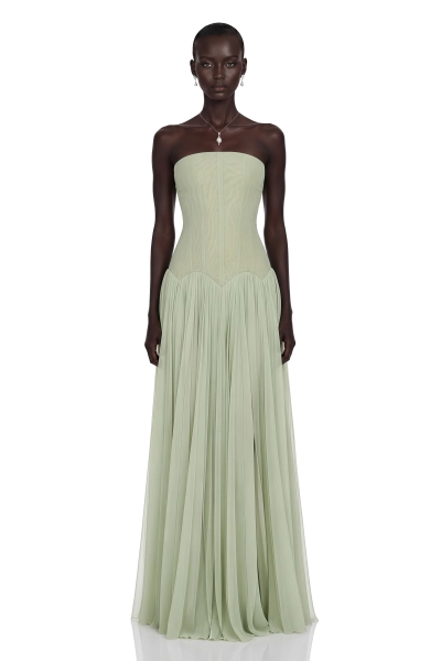 Salome Green Off Shoulder Pleated Maxi Dress