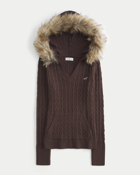 Faux Fur Trim Hooded Cable-Knit Sweater