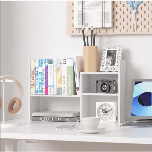 Adjustable Wood Desktop Shelf Organizer Office Storage Rack for Home 13 x 6.8 x 15 inches White
