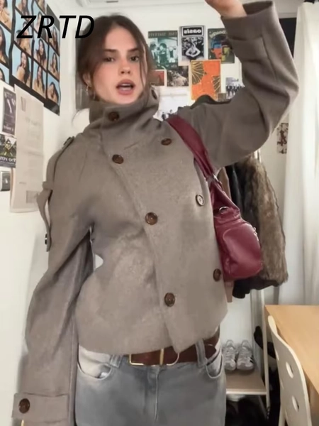 Elegant Women's Short Woolen Coats Stand Collar Double Breasted Long Sleeve Female Jacket 2025 Autumn Winter Lady Warm Outwear - AliExpress 200000345
