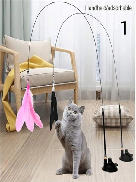 1pc Random Color Feather Decorated Cat Lover And Cat Mom Love Teaser Toy Durable Cat Lover And Cat Mom Love Chew Toy With Bell And Suction Cup Kitten Indoor Interactive Toy - Size one-size