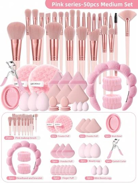 25/50PCS Makeup Tools Set Including:25PCS Makeup Brush Set+3PCS Makeup Sponges+3PCS Mini Makeup Sponges+3PCS Triangle Powder Puffs+6PCS Mini Air Cushion Powder Puffs+1pc Hairband+2PCS Hand Bowl Strap+1pc Makeup Brush Cleaning Tools+2PCS Facial Cleansing Sponges+3PCS Marshmallow Puff+1pc Eyelash Curler
