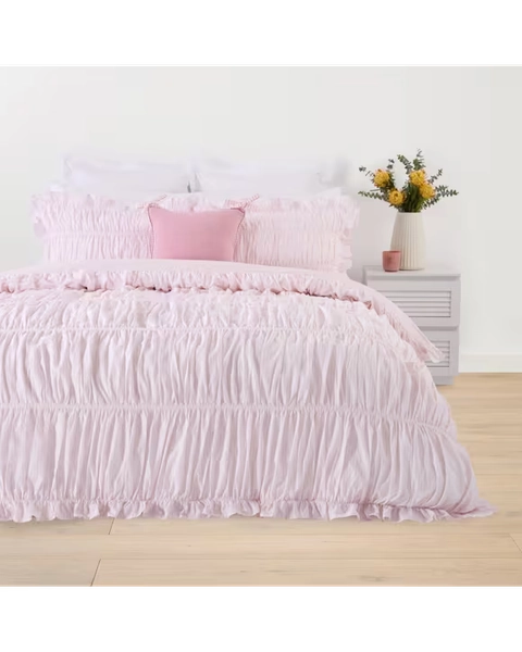 Kmart - Stripe Ruched Cotton Rich Quilt Cover Set - Queen Bed, Pink - Pink - Queen Bed