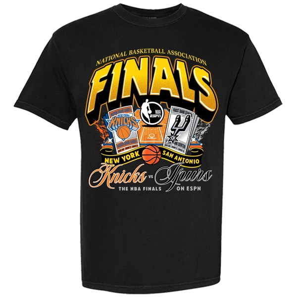 Unisex New York Knicks vs. San Antonio Spurs Black 2026 NBA Finals Matchup Tickets T-Shirt