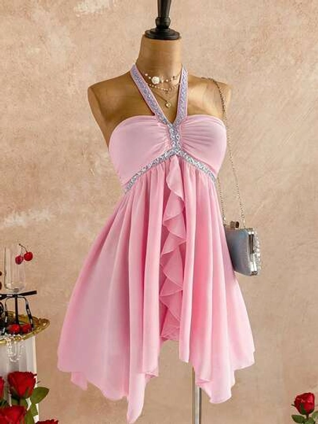 Flirla Women's Elegant Casual Everyday Versatile Party Sequin Ribbon Tie Neck Asymmetrical Hem Pink Short Dress, Spring/Summer - Size XS