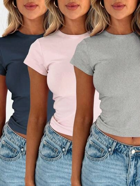 INAWLY Women Plain Round Neck Short Sleeve Casual T-Shirt - Size S
