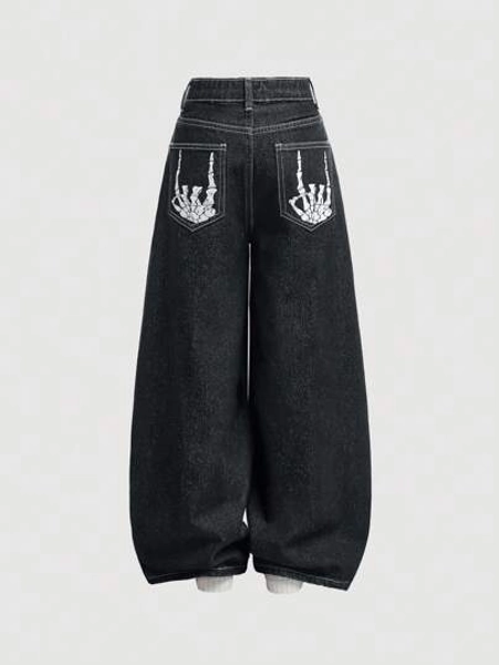 SHEIN Girlism Tween Girls Y2K Punk Fashion Halloween Printed Loose Fit Baggy Wide Leg Jeans Pants, Girls Fall Clothes Back To School Streetwear Outfits