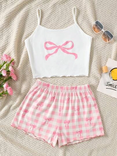 SHEIN Tween Girl Cute Bow Design Camisole And Shorts Knit Pajama Set Fall Winter