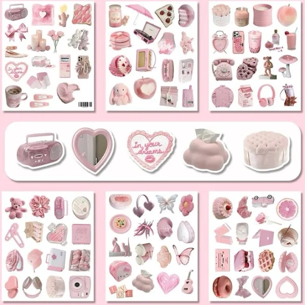 Cute Pink Sticker Set (100Pcs) - Pastel Kawaii Decor for Water Bottle & Diary - Murah & Cantik