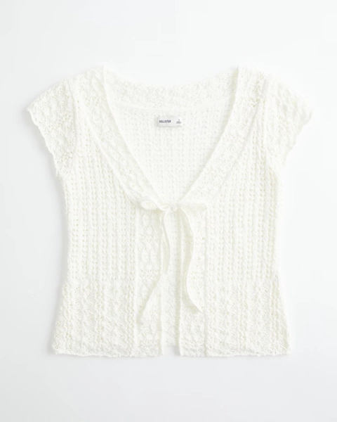 Short-Sleeve Tie Front Open-Stitch Cardigan
