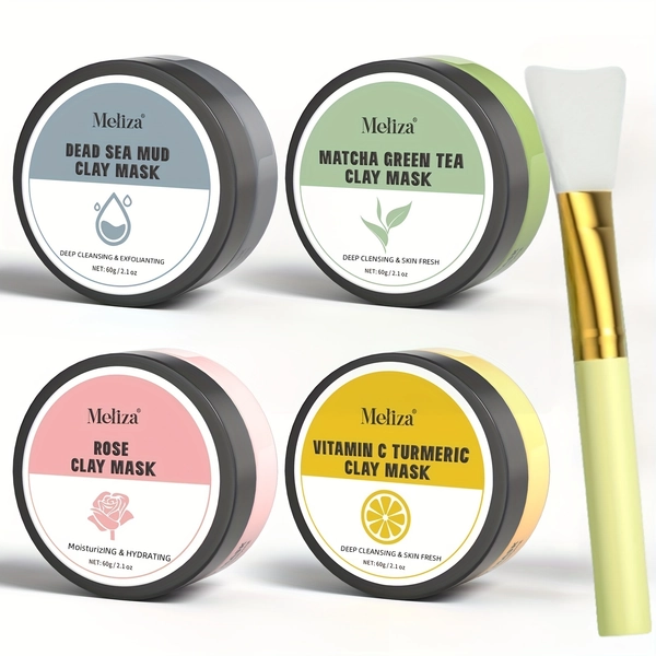 4-Grain Clay Facial Mask Set, Turmeric Vitamin C Clay Facial Mask, Green Tea, Dead Sea Mud Facial Mask, Rose Clay Facial Mask, Deep Cleaning, Women'S Gift Skincare Set, Halloween, Ideal Anniversary Gift, Mother'S Day Gift, Summer Cleaning Supplies